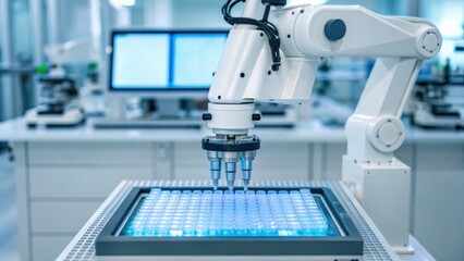 A robotic arm operates a microscope over a tray of samples in a modern laboratory setting, showcasing advanced technology in scientific research.