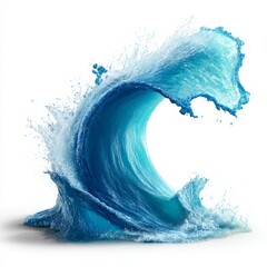 Dynamic Ocean Wave Crashing with Splashing Water Droplets Against White Background