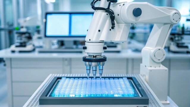A robotic arm operates a microscope over a tray of samples in a modern laboratory setting, showcasing advanced technology in scientific research.