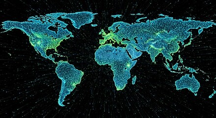 Abstract futuristic world map made of glowing digital particles representing global network connections, data flow, and modern communication technology
