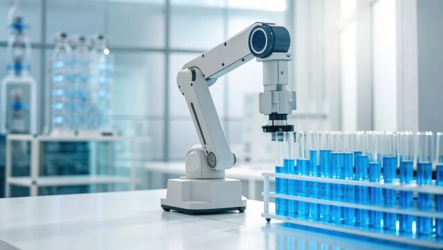 A robotic arm operates in a modern laboratory, handling test tubes filled with blue liquid, showcasing advanced technology in scientific research.