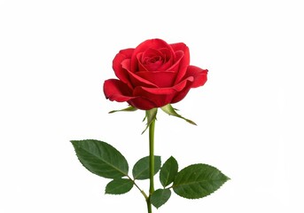 A vibrant single red rose bloom displayed prominently against a pure white background, symbolizing love, romance, and elegance ,love ,red ,botany