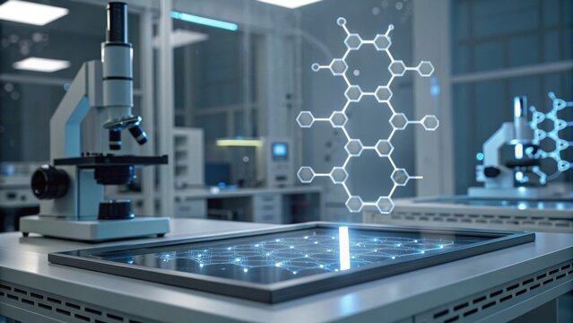 A futuristic laboratory scene featuring a microscope and a digital display with molecular structures, emphasizing advanced scientific research and technology.