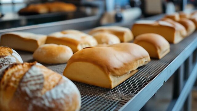 Freshly baked loaves of bread are cooling on racks in a bakery, filling the air with delicious aromas during morning hours