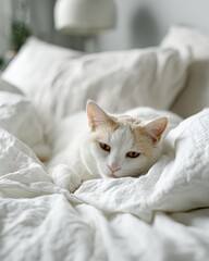 A White And Orange Cat Rests Comfortably On A White Textured Bed Under Soft Natural Light