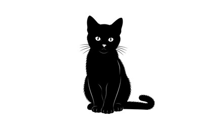 A small black cat silhouette sitting calmly, on clean white background
