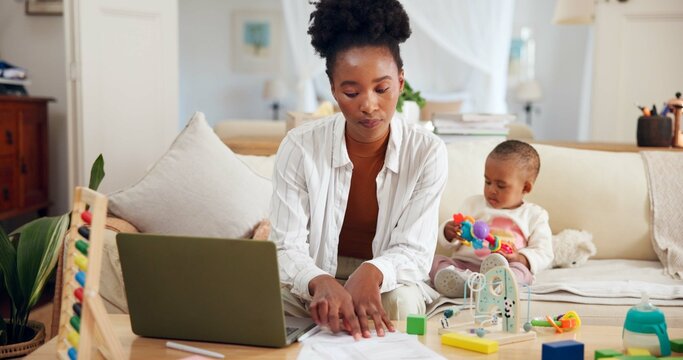 Paperwork, toddler or mother with laptop for remote work, reading transaction list or account management. Bookkeeping, childcare or woman with girl to check banking statement, tech or multitasking - Powered by Adobe
