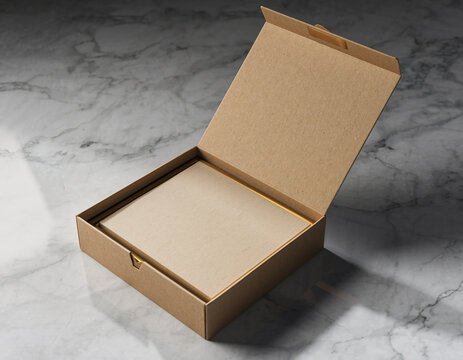 Open corrugated cardboard shipping container box on a pristine white marble countertop, suggesting sustainable packaging solutions and a clean unboxing experience