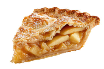 A close-up of a slice of apple pie with golden crust and visible apple chunks