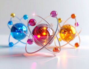 Three atom models with colorful spheres and orbits in a studio