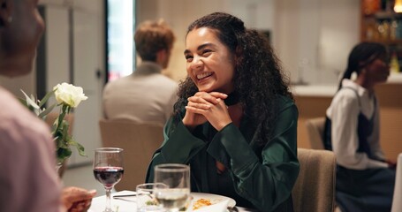 Conversation, happy and woman on date in restaurant with talking for bonding, connection or relationship. Romance, couple and female person with discussion at dinner with wine for dining together.