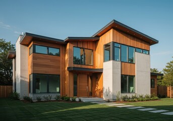 Architectural exterior of a spacious modern home featuring sharp lines, large windows, wood siding, and concrete accents under a bright sky, roofline, siding, facade