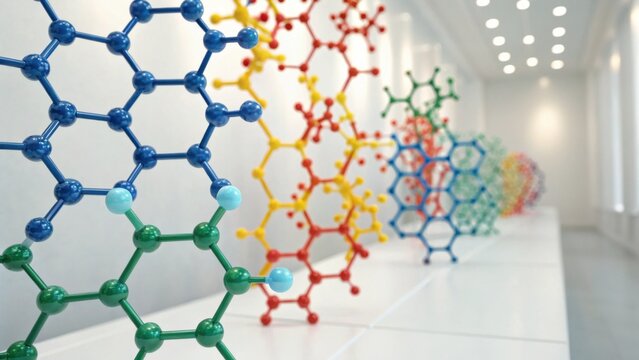 A modern depiction of molecular structures, showcasing colorful models arranged in a bright, minimalist environment.
