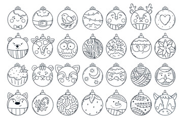 Decorative glass Christmas baubles for coloring with festive characters and ornaments in black and white outline.