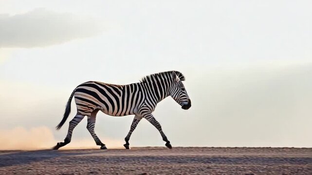 Zebra walking across a dry landscape with a cloudy sky in the background at golden hour zebra video