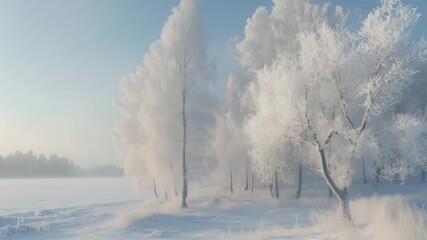 Frost covered trees rise against a pale sky in a tranquil winter landscape with fresh snow blanketing the ground