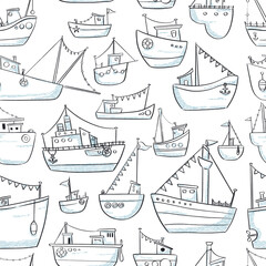 Handdrawn seamless pattern with different boats and ships in doodle style, nautical design for wrapping, fabric and illustration projects.