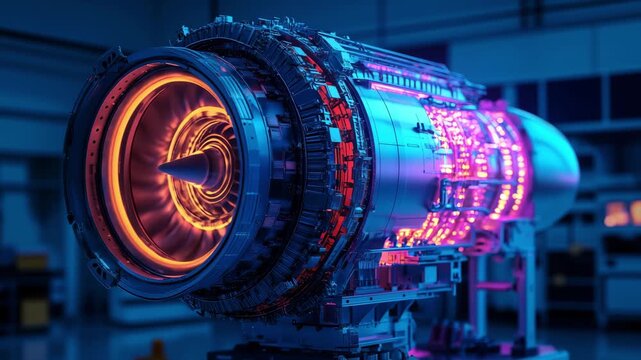 Close up reveals the intricate design and bright illumination of a modern jet engine showcased in a manufacturing facility