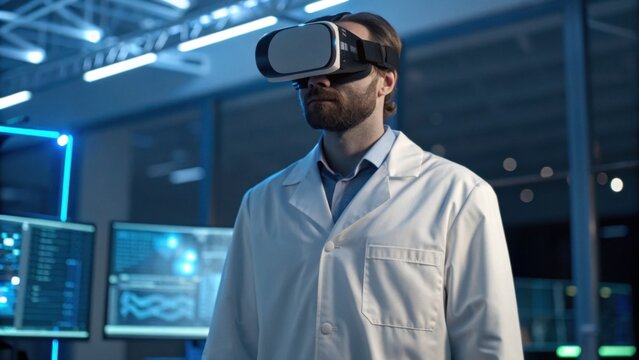 A scientist wearing a VR headset in a modern lab, immersed in virtual technology surrounded by digital screens and a high-tech environment.
