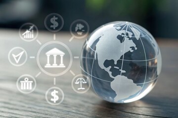A transparent globe rests on a wooden surface, surrounded by icons representing finance, commerce, and global connections.