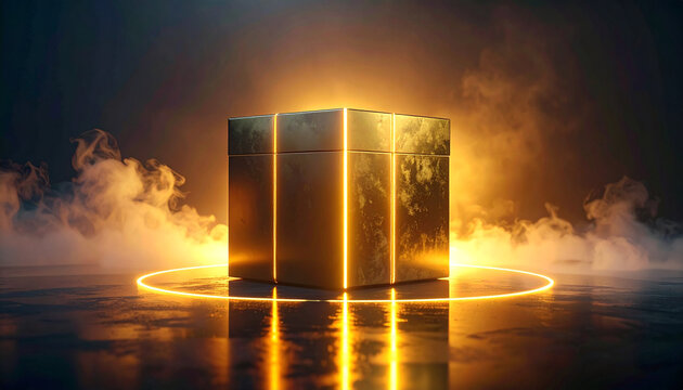 Mysterious Golden Cube Illuminated: A captivating, enigmatic, glowing gold cube emanates an aura of intrigue, encased in ethereal mist and subtle lighting, creating a sense of wonder.