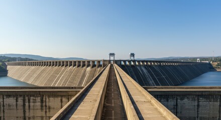 Fototapeta premium Expansive view from the massive concrete dam crest. The reservoir water stretches to the horizon under a clear sky, showing hydro power scale, clear sky, resource, dam