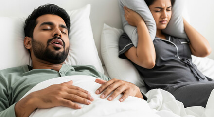 Annoyed woman covers ears as partner snores loudly in bed.
