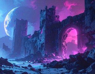 Ruins of a castle under a vibrant cosmic sky, an immense moon