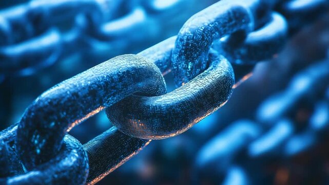 A close up view reveals the details and textures of a metal chain illuminated by blue light in a dark setting