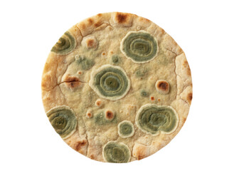 Flatbread mold circle green dry texture crust isolated top view with caution