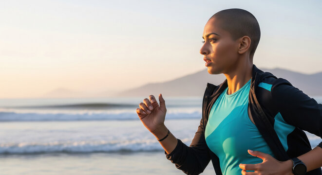Determined woman jogging by ocean during beautiful sunrise