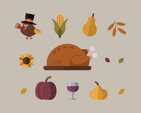 Festive Thanksgiving feast arrangement with cooked turkey corn pumpkin and pears creating a warm and inviting autumnal celebration atmosphere perfect for holiday cards and invitations