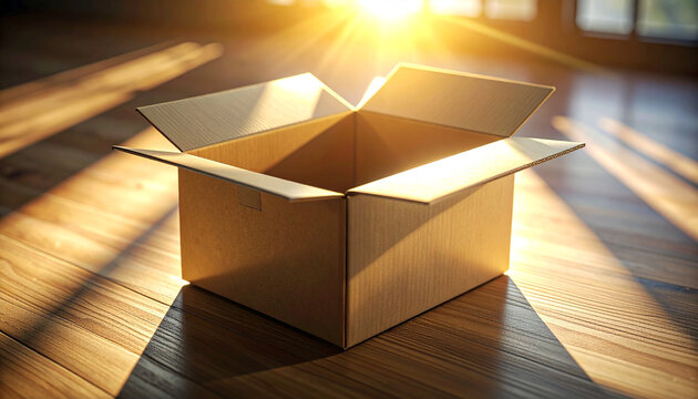 Empty box in Sunlight: An open cardboard box bathed in the warm embrace of sunlight, the room is filled with shadow and light. perfect for symbolizing new beginnings or moving.
