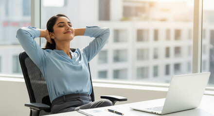 Young Professional Woman Relaxing at Modern Office Desk