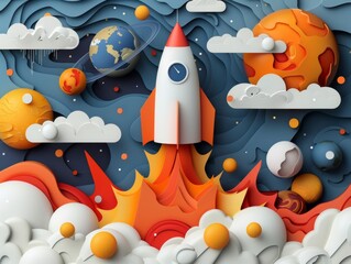 Rocket Launch into Outer Space: An illustrated rocket blasts off into space. The imagery features a dynamic upward trajectory through the cosmos. 