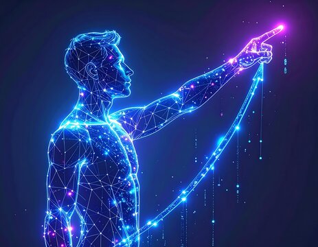 Digital human points upwards with a glowing arrow