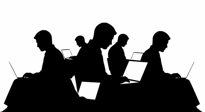 Silhouettes of people working on laptops in a collaborative digital environment.