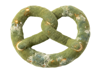 Moldy pretzel fuzzy growth green fungus stale bread spoiled snack with disgust