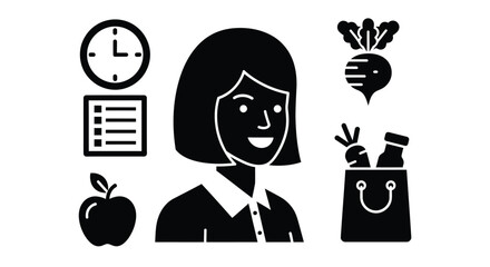 Plan healthy meals with this confident woman and fresh food icon set