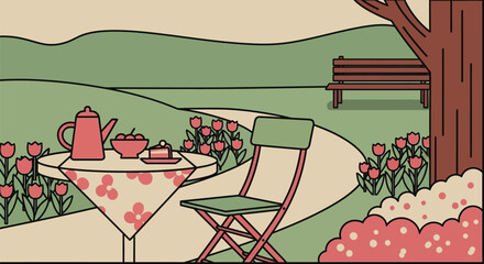 Enjoying a peaceful afternoon tea in a blossoming garden landscape