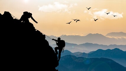 2 people are climbing mountain nature 