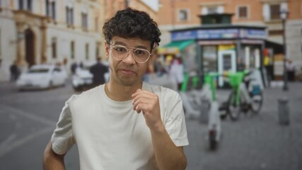 Man wearing glasses with hand on chin stands on street with blurred storefronts and parked bikes; uncertainty doubt reflection contemplation.