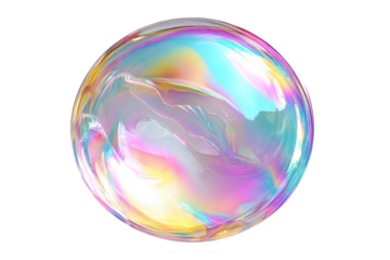 A large, iridescent bubble floating against a black background, showing swirling colors