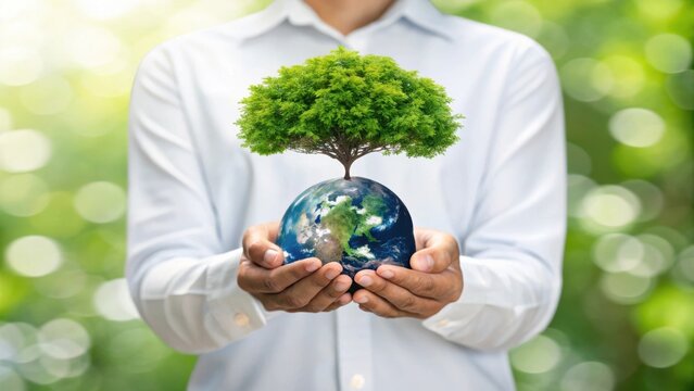 Green growth concept: person holds earth globe with growing tree.