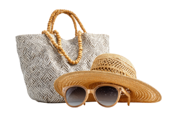 A woven tote bag, straw hat, and sunglasses arranged on a black background