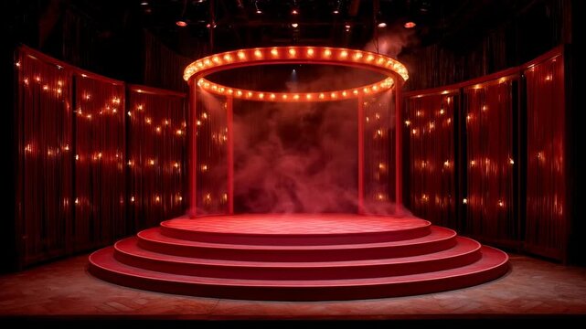 Red Stage With Circular Lights And Dramatic Smoke Effect Ready For Performance