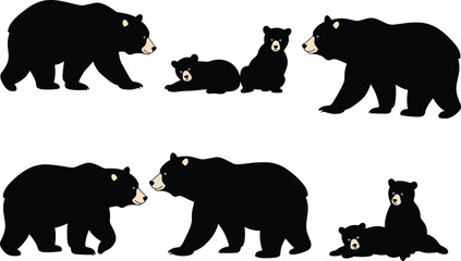 Black bear family with cubs in nature wildlife illustration, mother bear and baby bears walking, sitting, and resting together in forest
