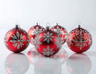 Set of red Christmas ornaments with intricate geometric and floral patterns, reflecti 