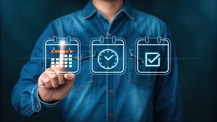 Person interacts with glowing digital calendar and clock icons 