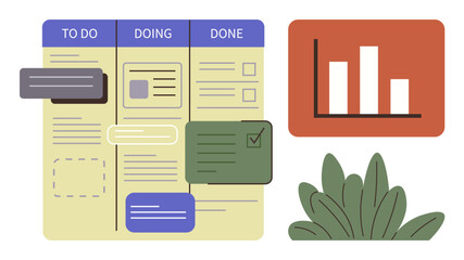 Workflow board divided into To Do, Doing, and Done columns, task cards, bar graph, and green leaves. Ideal for project management, productivity, planning analytics workflow tracking simple flat